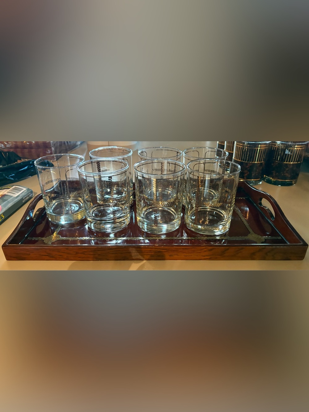 George Briard Braided/Nautical Glasses, Gold plated, Vintage, set of 7 w/tray